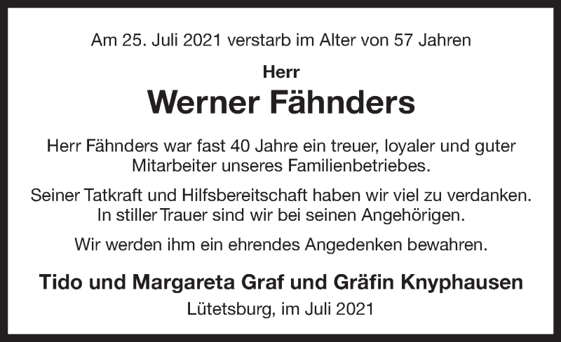  Traueranzeige für Werner Fähnders vom 07.08.2021 aus 