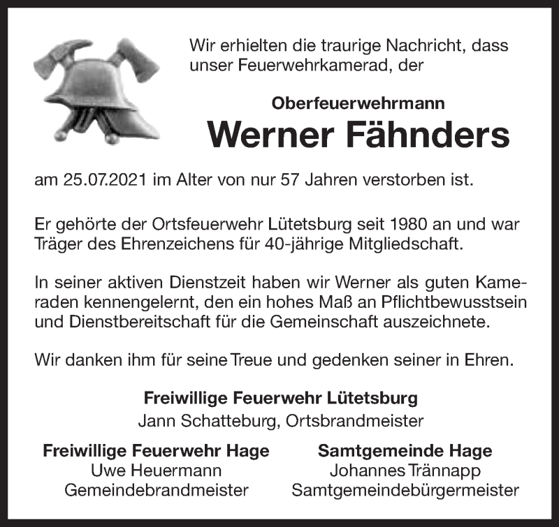  Traueranzeige für Werner Fähnders vom 07.08.2021 aus 
