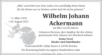 Traueranzeige von Wilhelm Johann Ackermann 