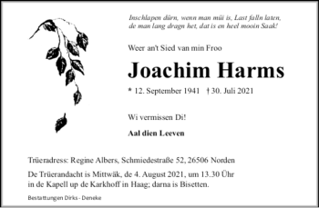 Traueranzeige von Joachim Harms 