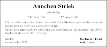 Traueranzeige von Annchen Striek 