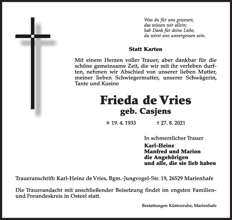  Traueranzeige für Frieda de Vries vom 01.09.2021 aus 