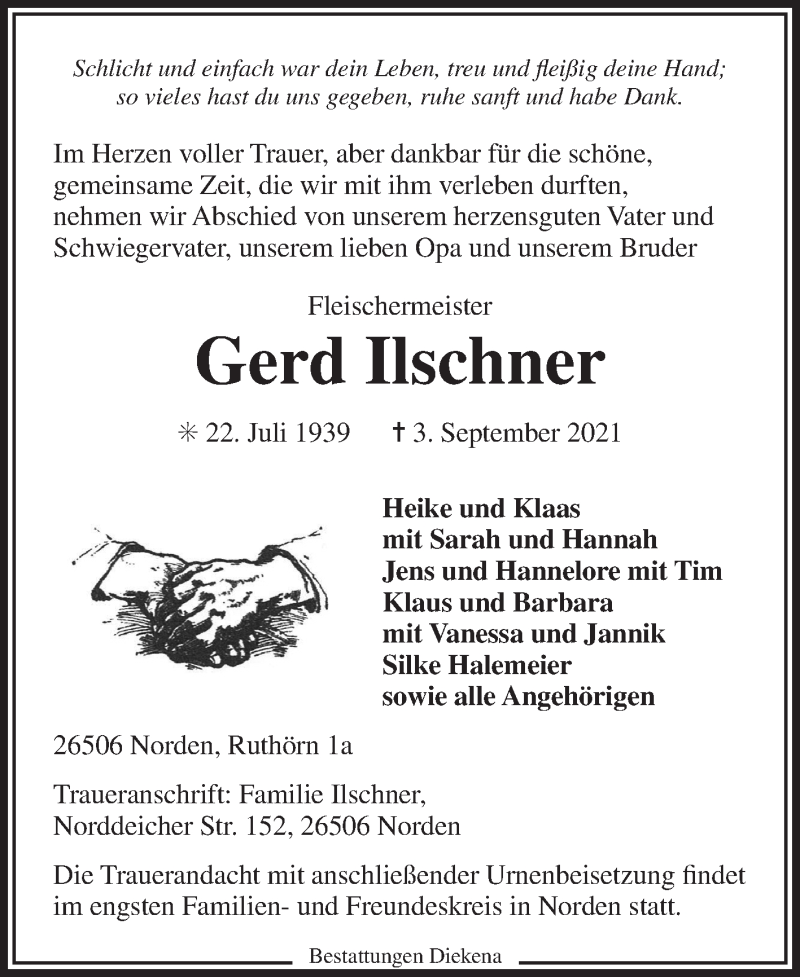  Traueranzeige für Gerd Ilschner vom 07.09.2021 aus Ostfrisischer Kurier