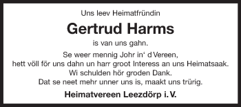 Traueranzeige von Gertrud Harms 