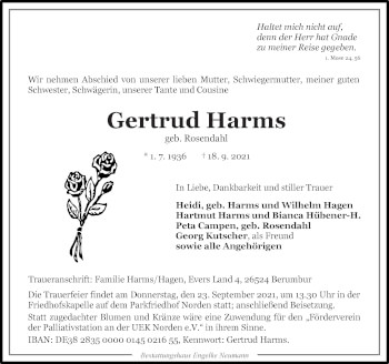 Traueranzeige von Gertrud Harms 