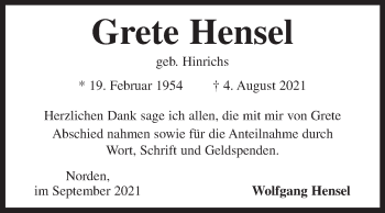 Traueranzeige von Grete Hensel von Ostfrisischer Kurier