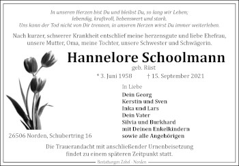 Traueranzeige von Hannelore Schoolmann 