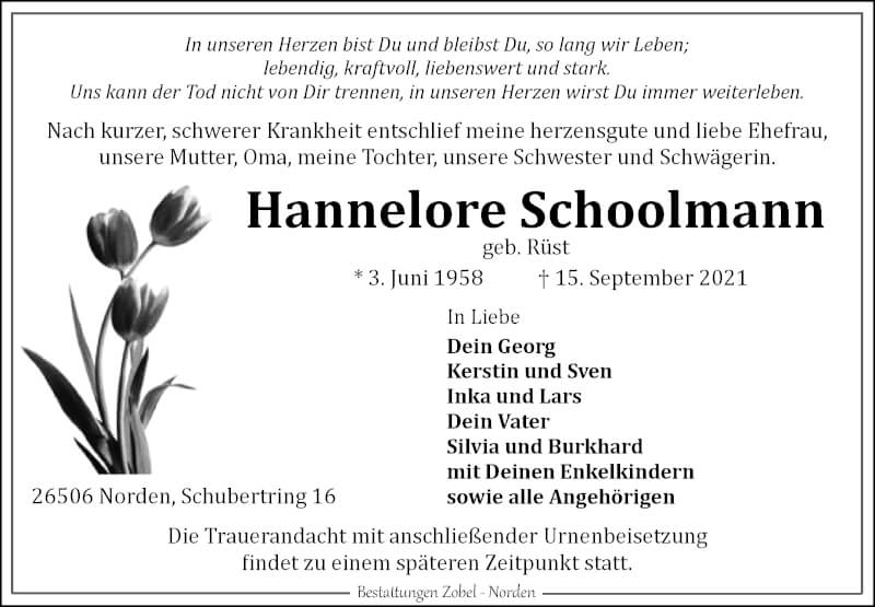  Traueranzeige für Hannelore Schoolmann vom 18.09.2021 aus 