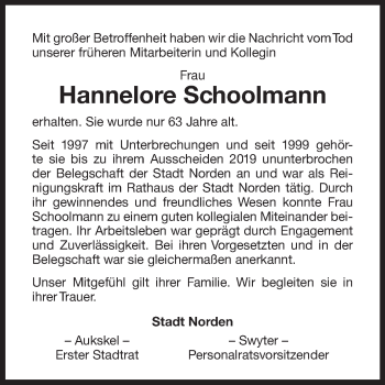 Traueranzeige von Hannelore Schoolmann 