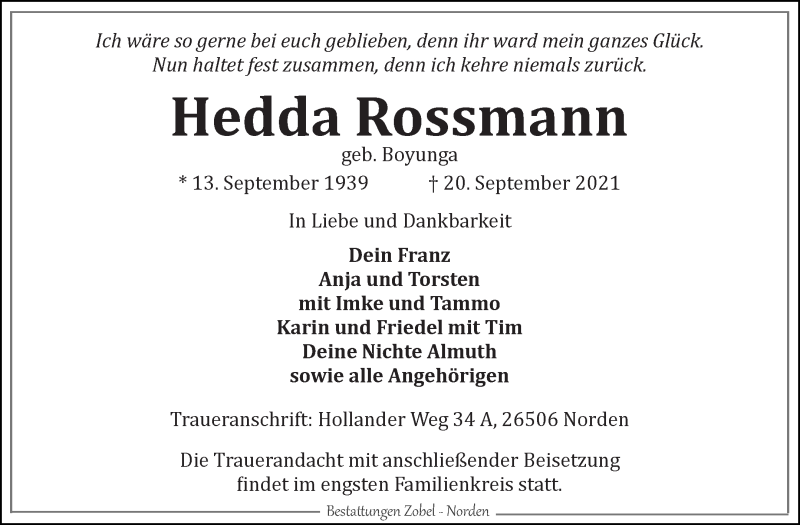  Traueranzeige für Hedda Rossmann vom 22.09.2021 aus 