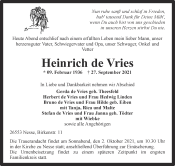 Traueranzeige von Heinrich de Vries 
