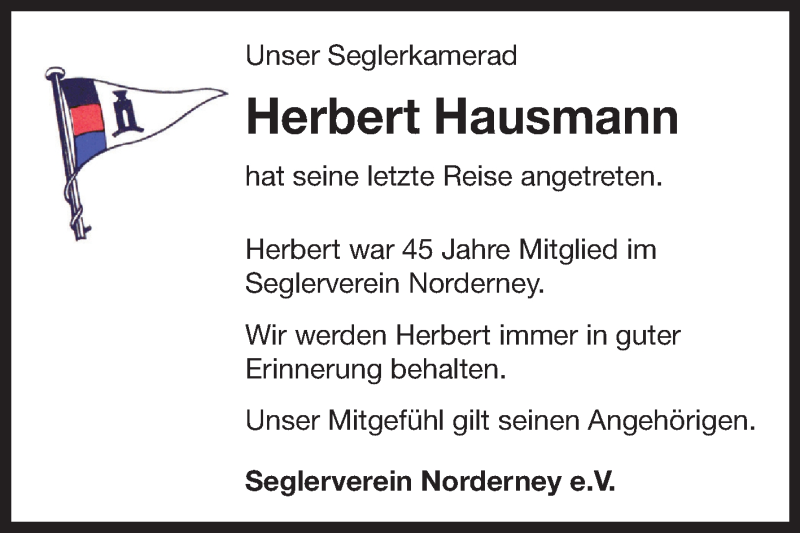  Traueranzeige für Herbert Hausmann vom 22.09.2021 aus 