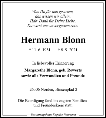 Traueranzeige von Hermann Blonn 