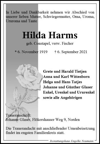 Traueranzeige von Hilda Harms 