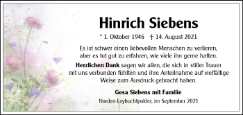 Traueranzeige von Hinrich Siebens 