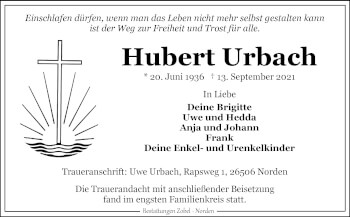 Traueranzeige von Hubert Urbach 