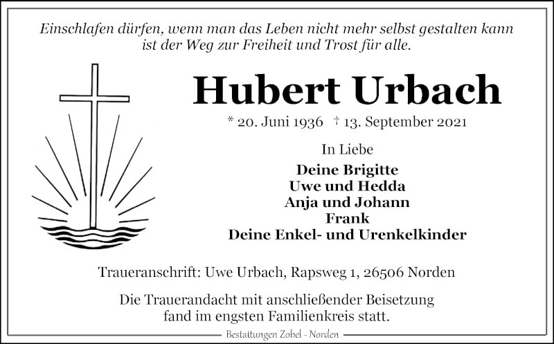  Traueranzeige für Hubert Urbach vom 18.09.2021 aus 