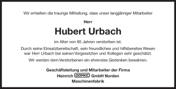 Traueranzeige von Hubert Urbach 