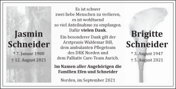 Traueranzeige von Jasmin und Brigitte aller Angehörigen die von Ostfrisischer Kurier