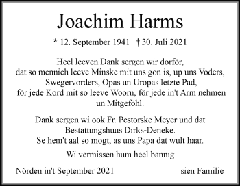 Traueranzeige von Joachim Harms von Ostfrisischer Kurier