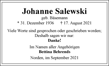 Traueranzeige von Johanne Salewski von Ostfrisischer Kurier