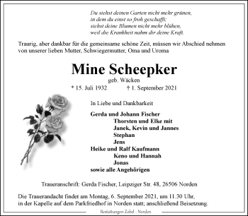 Traueranzeige von Mine Scheepker von Ostfrisischer Kurier