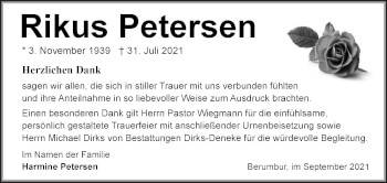 Traueranzeige von Rikus Petersen 