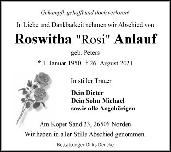 Traueranzeige von Roswitha Anlauf von Ostfrisischer Kurier