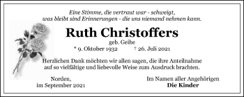 Traueranzeige von Ruth Christoffers von Ostfrisischer Kurier