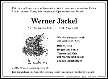 Traueranzeige von Werner Jäckel von Ostfrisischer Kurier