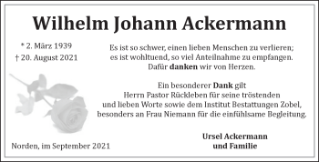 Traueranzeige von Wilhelm Johann Ackermann 