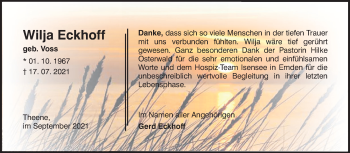 Traueranzeige von Wilja Eckhoff von Ostfrisischer Kurier