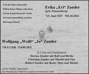 Traueranzeige von Wolfgang und Erika Zander 