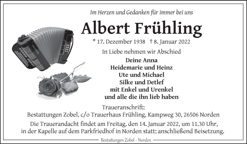  Traueranzeige für Albert Frühling vom 12.01.2022 aus 