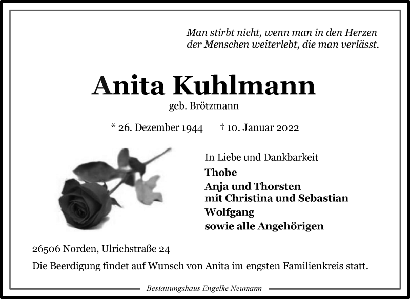  Traueranzeige für Anita Kuhlmann vom 12.01.2022 aus 