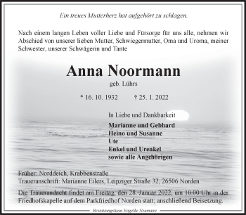 Traueranzeige von Anna Noormann 