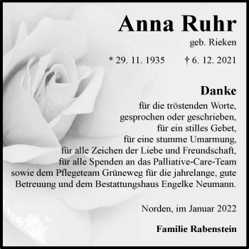 Traueranzeige von Anna Ruhr 