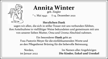 Traueranzeige von Annita Winter 