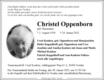 Traueranzeige von Christel Oppenborn 