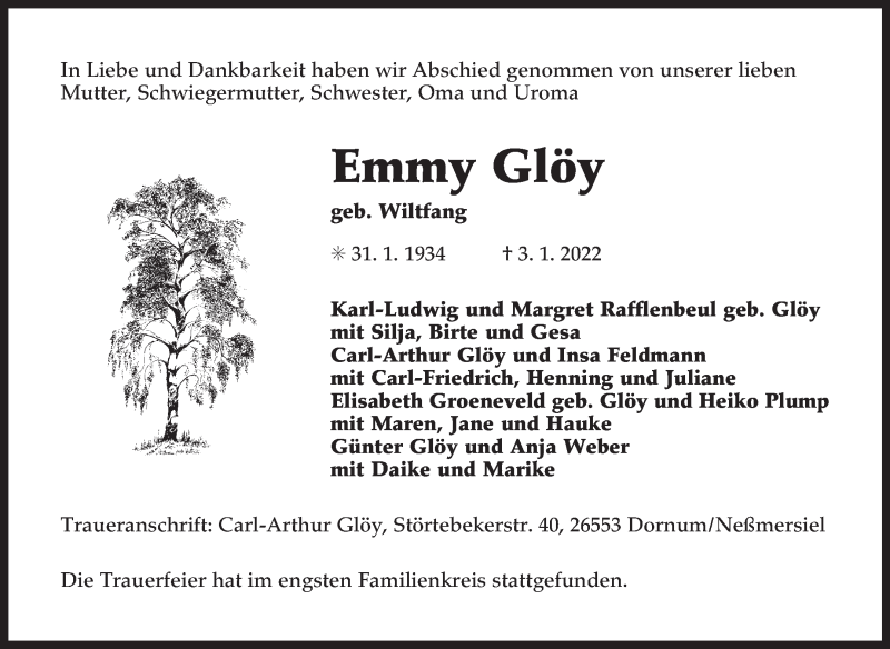  Traueranzeige für Emmy Glöy vom 15.01.2022 aus 