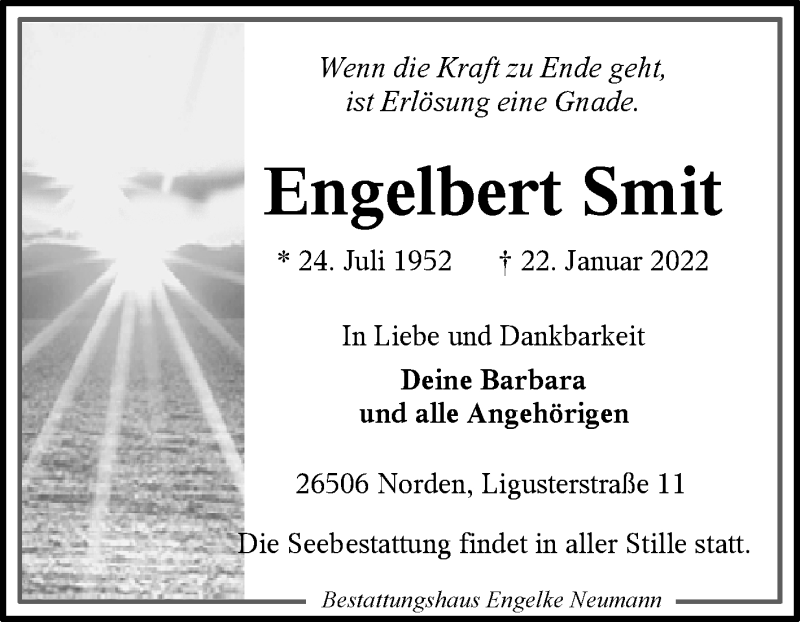  Traueranzeige für Engelbert Smit vom 26.01.2022 aus 