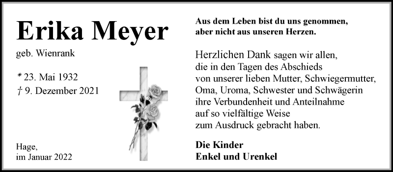  Traueranzeige für Erika Meyer vom 15.01.2022 aus 