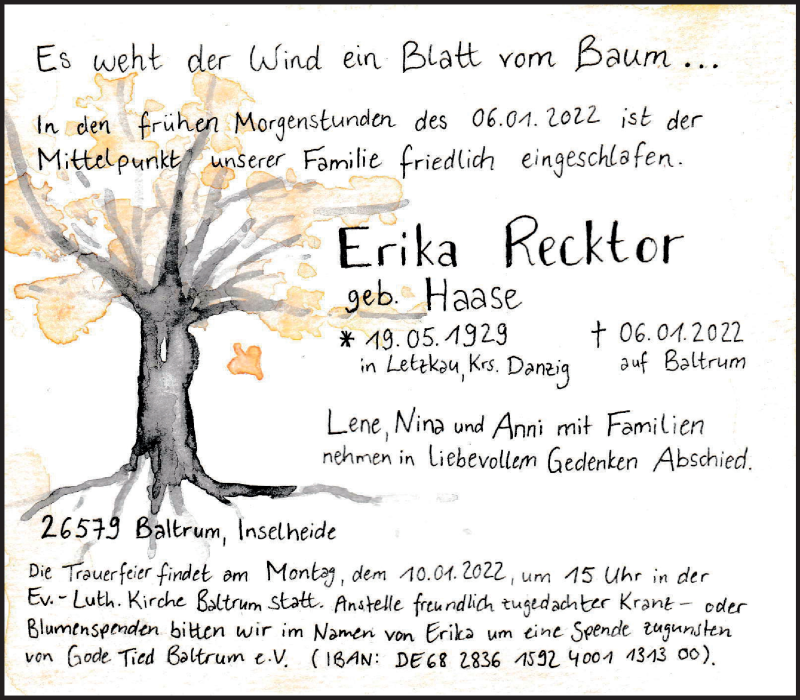  Traueranzeige für Erika Recktor vom 08.01.2022 aus 