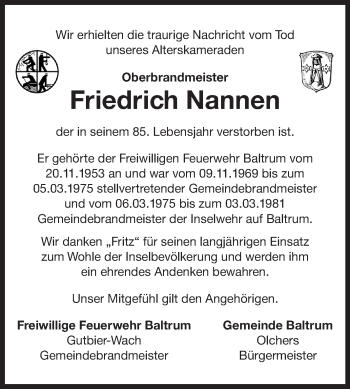 Traueranzeige von Friedrich Nannen 