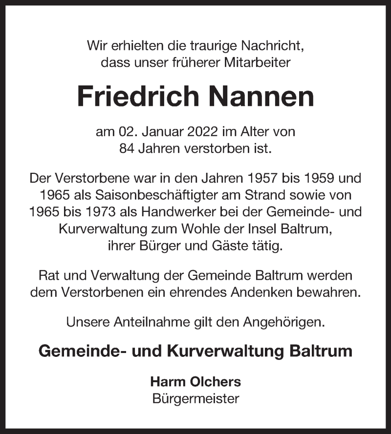  Traueranzeige für Friedrich Nannen vom 08.01.2022 aus 