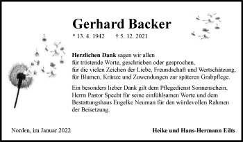 Traueranzeige von Gerhard Backer 