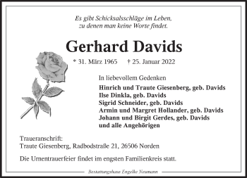 Traueranzeige von Gerhard Davids 