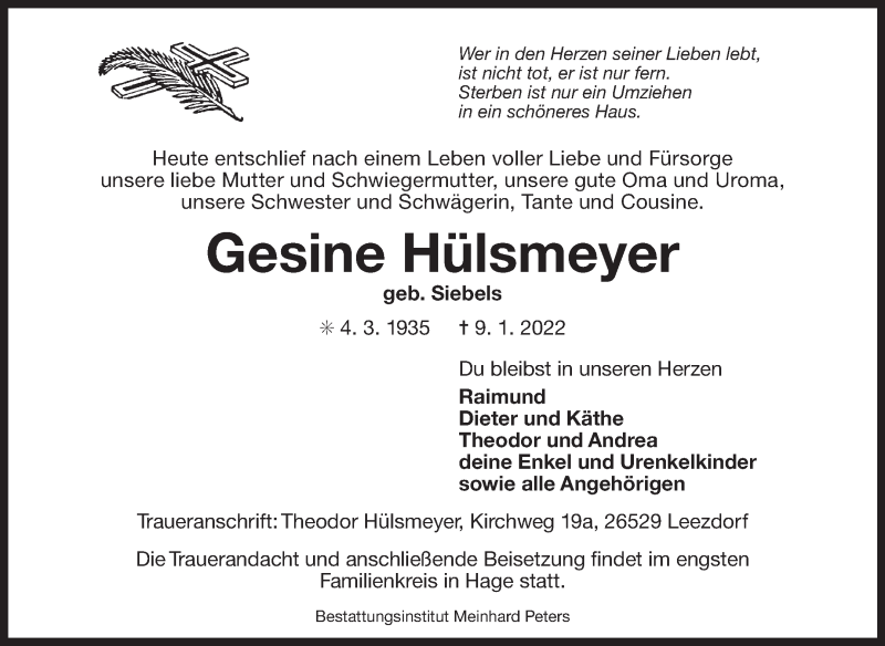  Traueranzeige für Gesine Hülsmeyer vom 11.01.2022 aus 