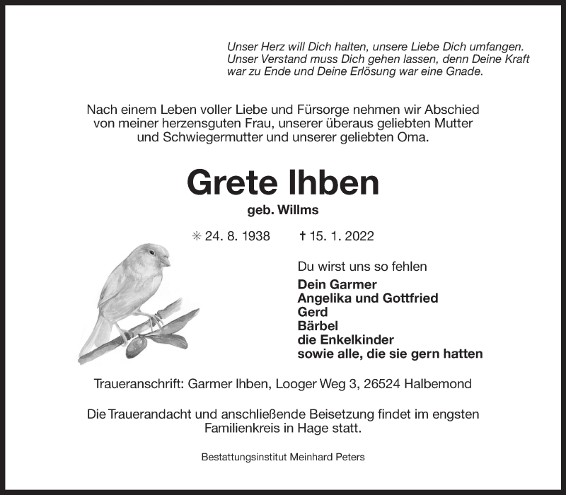  Traueranzeige für Grete Ihben vom 18.01.2022 aus 