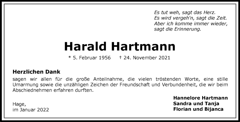  Traueranzeige für Harald Hartmann vom 08.01.2022 aus 